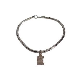 Rhinestone Encrusted Rose Gold Letter E Charm Silver Toned Herringbone Bracelet